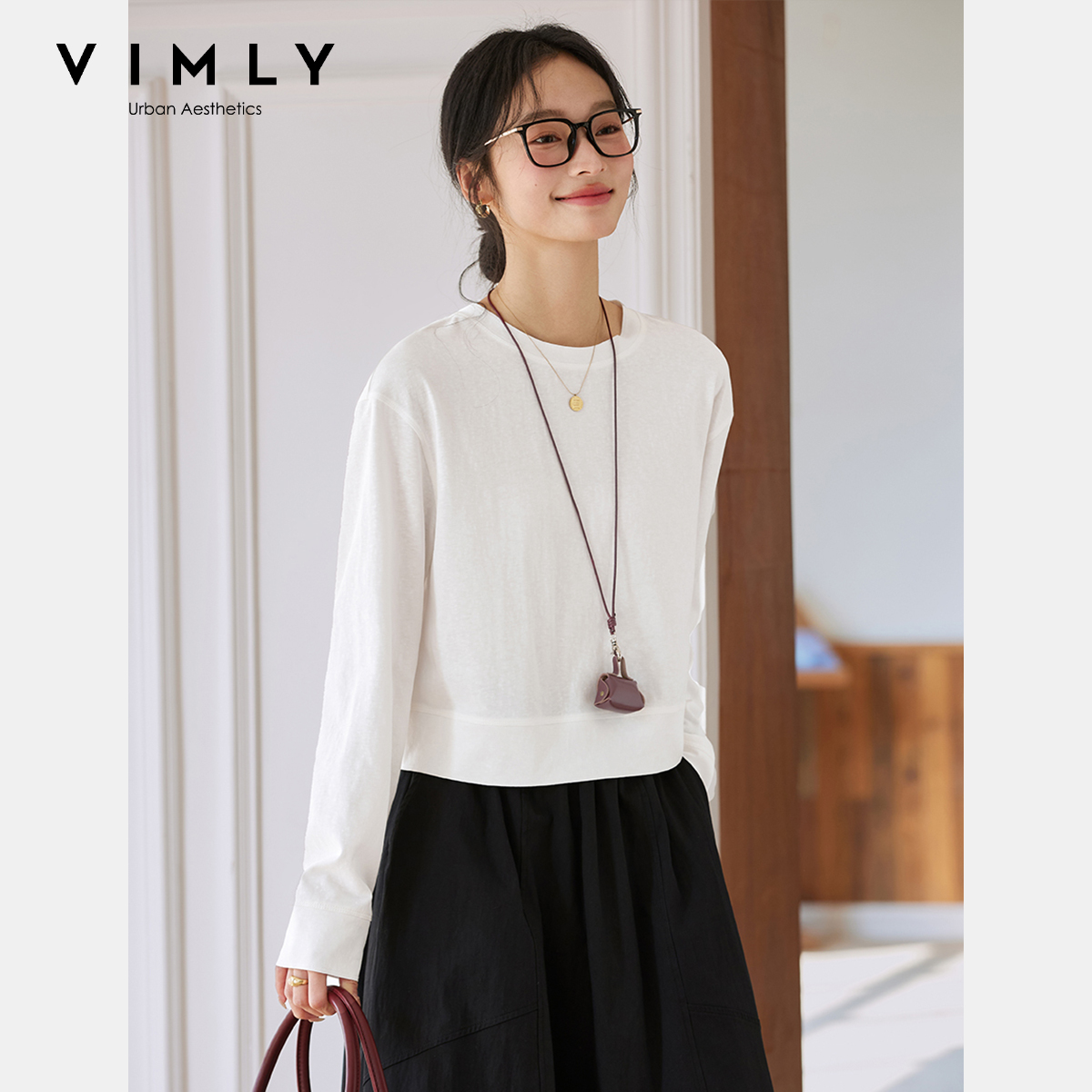 VIMLY Damen Baumwoll-T-Shirts in Weiß, Frühjahr 2026, Rundhals-Pullover, Langarm-T-Shirt, Lässige Loose-Fit Oberteile für Damenkleidung A0712