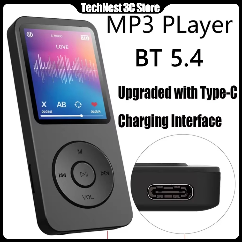 Портативный MP3-плеер 1,8-дюймовый Walkmen Type-C Bluetooth 5,4 Совместимая электронная книга Запись Спортивный MP4 FM-радио Музыкальный плеер