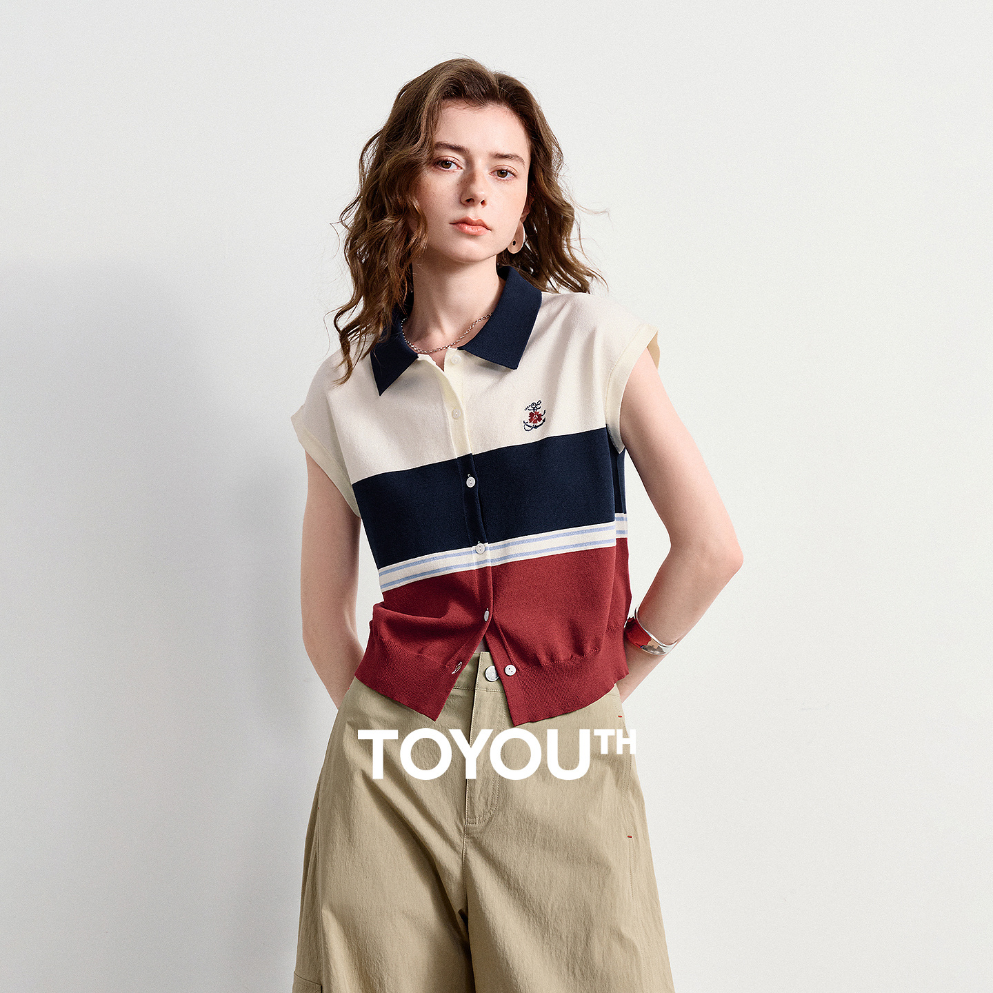 TOYOUTH Polo en maille de soie glacée pour femme, Nouvelle collection été 2026, Rayures color block, Style marin, Hauts pull-over nautiques