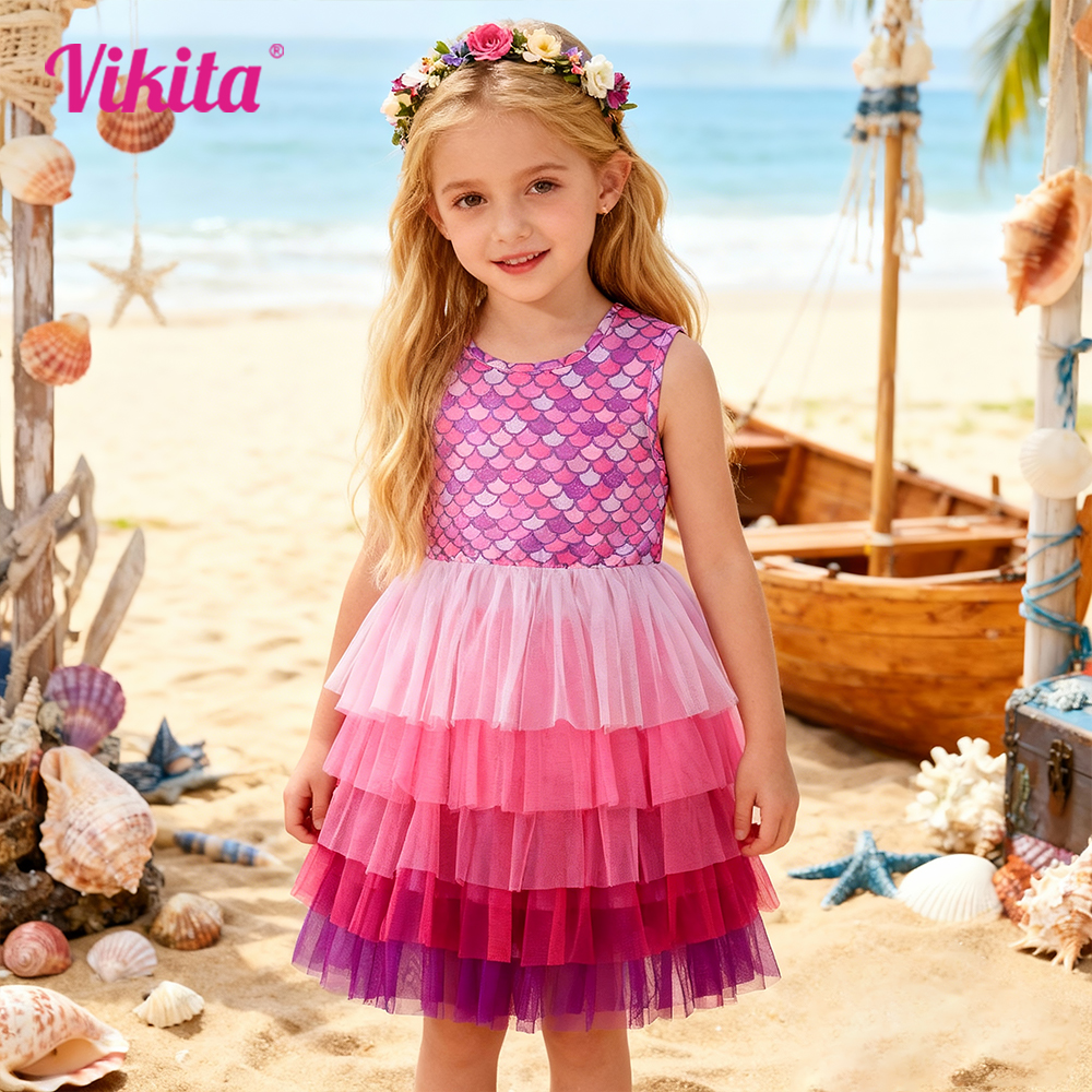 VIKITA-vestido estilo princesa con escamas de sirena para niñas, capas de tul esponjosas, color rosa y morado, cintura elástica, ropa para fiesta de cumpleaños para niños