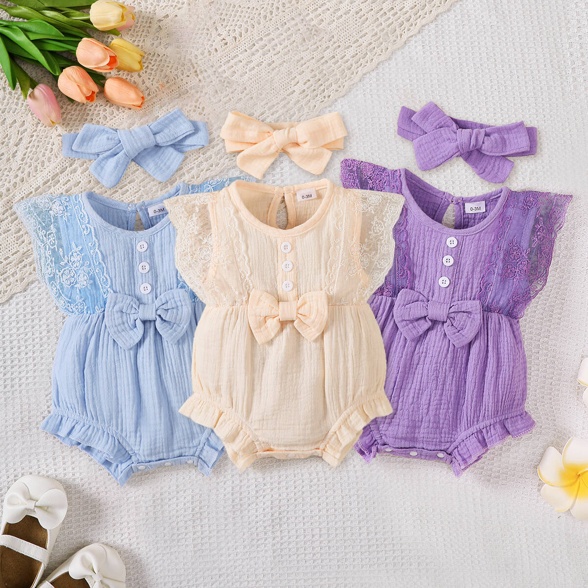 2PCS Newborn Baby Girl Romper Plain Soft Bodysuit Lace Sleeveless Onesie+Headband Summer Costume Toddler Girl Clothes 0-18Months