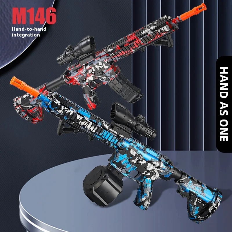 Pistola de brinquedo M416 Bola de gel de explosão de alta velocidade de 7,4 V com plugue laranja e revista dupla para jogos interativos ao ar livre entre pais e filhos.