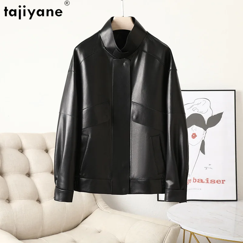 Tajiyane-女性用本革ジャケット,シープスキンジャケット,スタンドカラー,ルーズヴィンテージコート,カジュアル,秋冬