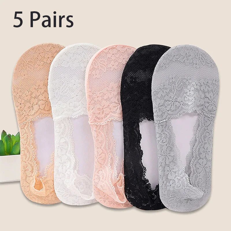 5 pares de calcetines de barco finos antideslizantes de silicona con encaje de boca profunda y absorción de sudor transpirables para primavera y verano para mujer