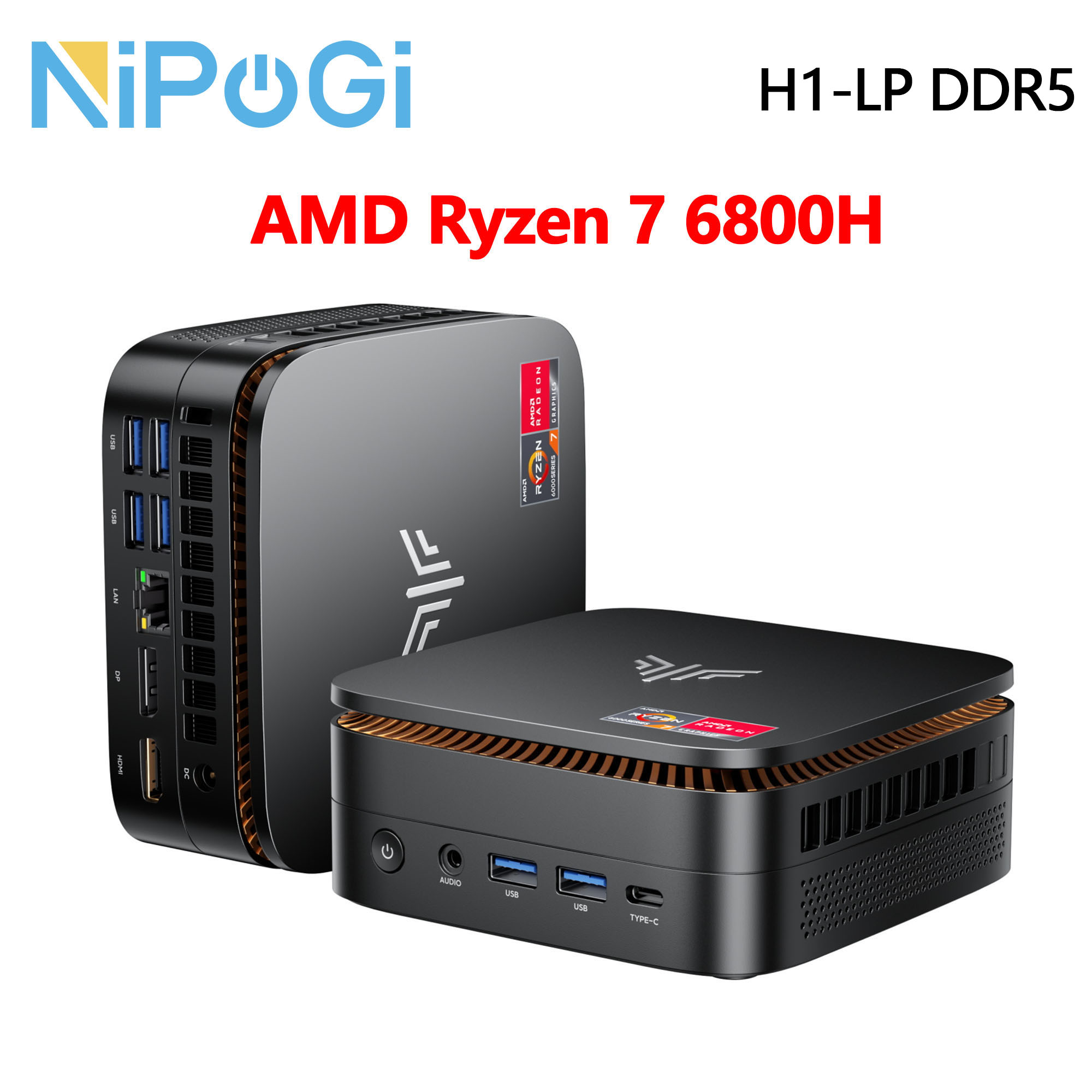 NOPOGI Mini PC AMD Rzyen 7 6800 H (8C/16T, tot 4,7 Ghz) Mini Computer 4K Trible Display Mini Desktop Computers BT5.2/WiFi 6