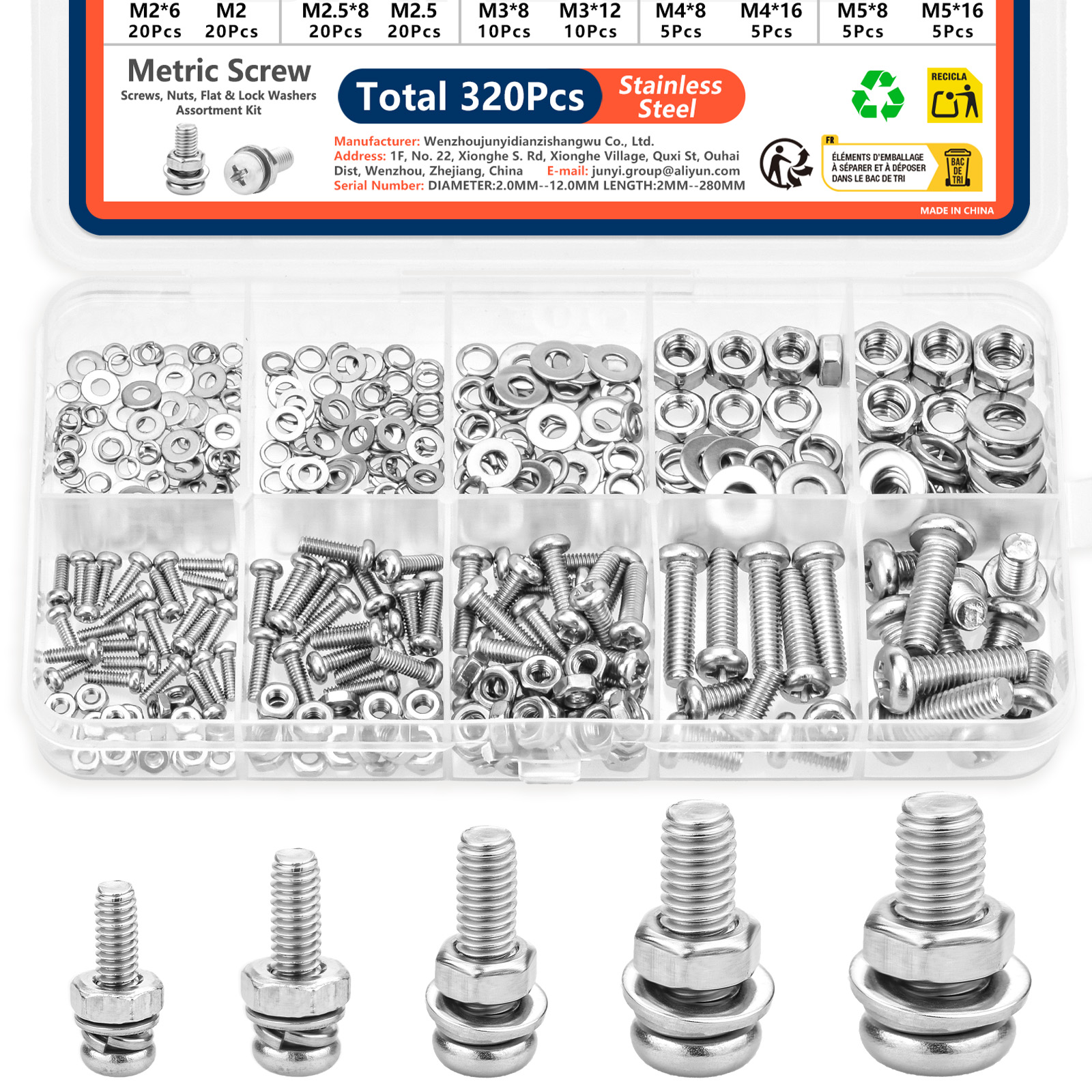 320-teiliges Edelstahl-Schrauben-, Muttern- und Unterlegscheiben-Sortiment Rostfreies Metrisches Hardware-Set M2-M5 für DIY, Heimreparatur und Industrielle Anwendungen
