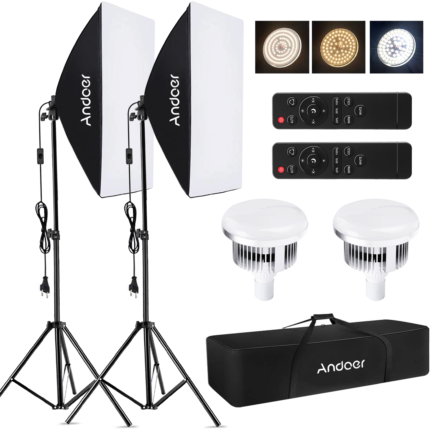 Andoer-Kit d'éclairage de studio de photographie, boîte à lumière, ensemble d'éclairage, 85W, 2800K-5700K, boîte à lumière 50x70cm, support de 2m pour la vidéo