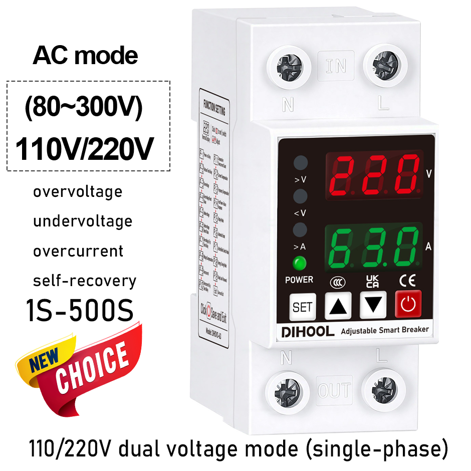 Protetor de Tensão e Corrente Ajustável 110/220V 80-300V Universal Proteção AC DC Monofásico 1~63A Auto-reinicializável