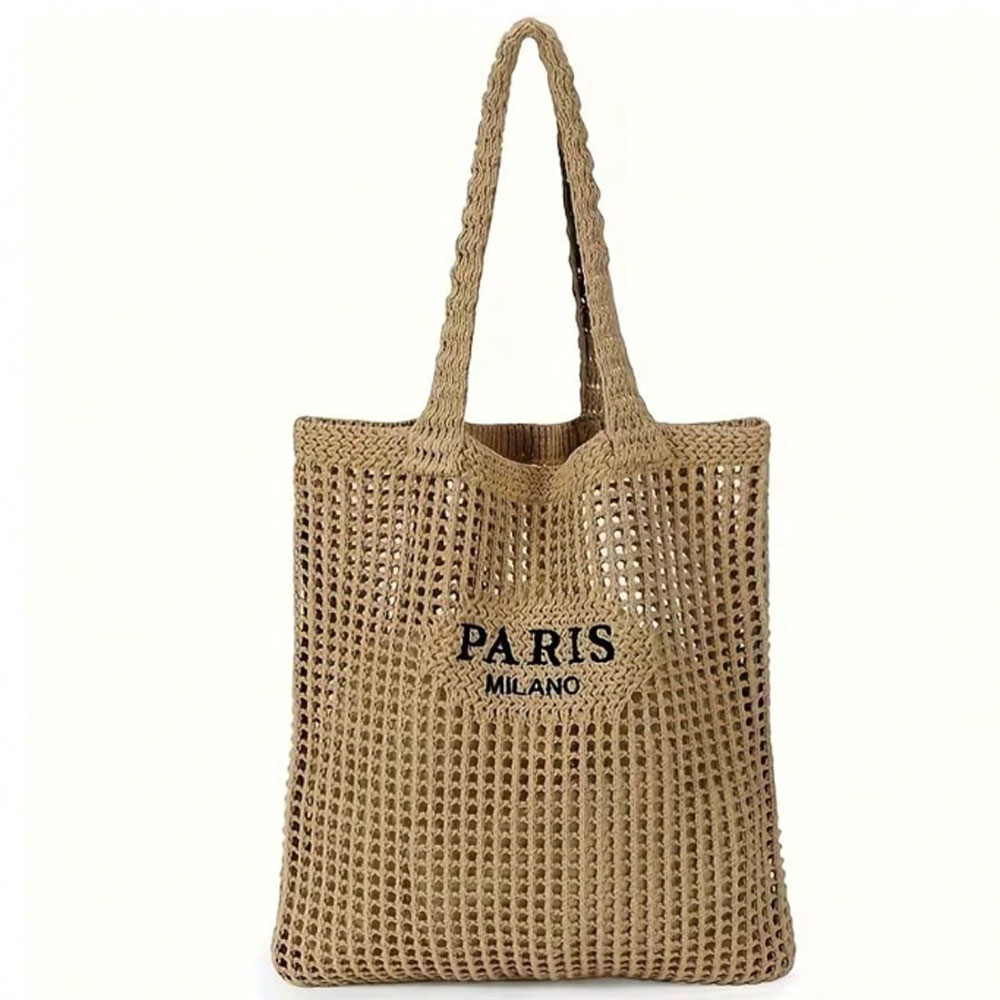 Bolsa Tote Feminina de Tricô e Tecido - Bolsa de Ombro Aberta com Letras Paris, Bolsa Respirável para Praia e Viagem, Tecido Lavável, Acessório Casual para Compras, Design Durável em Tecido Trançado, Exclusiva para Entusiastas da Moda