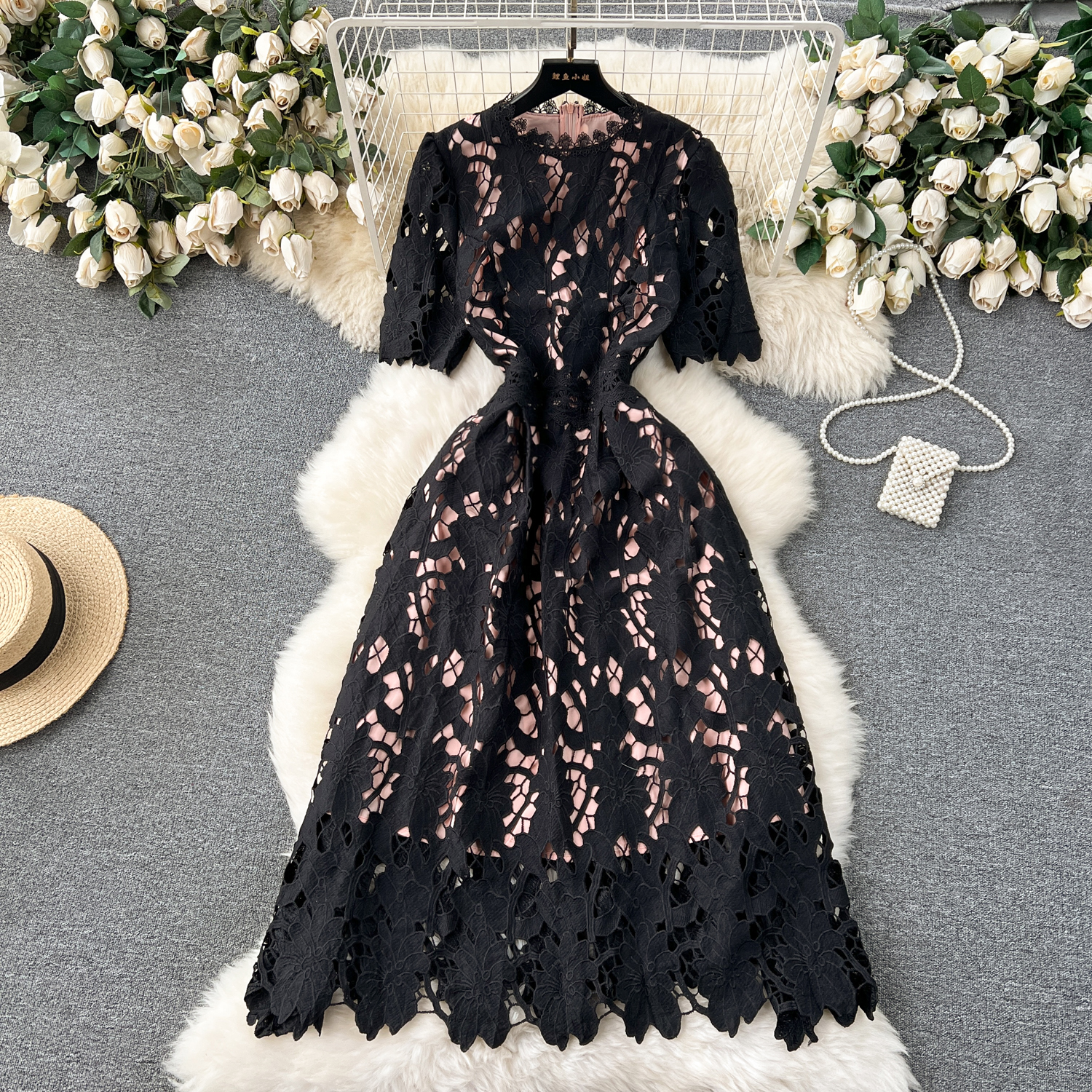 Francês vintage manga curta renda cortar vestido a linha chique casual praia férias feminino verão o pescoço vestidos
