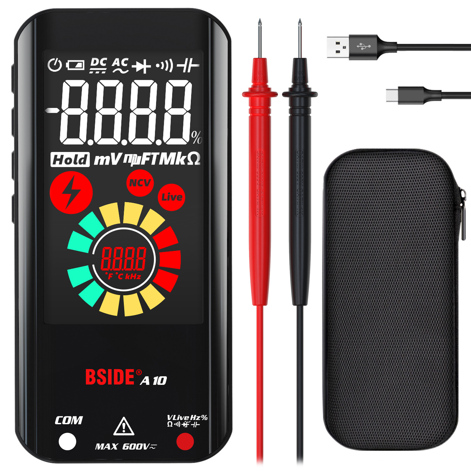 BSIDE A10 multímetro Digital Color LCD recargable bolsillo voltímetro inteligente condensador diodo Ohm Hertz probador de voltaje de ciclo de trabajo
