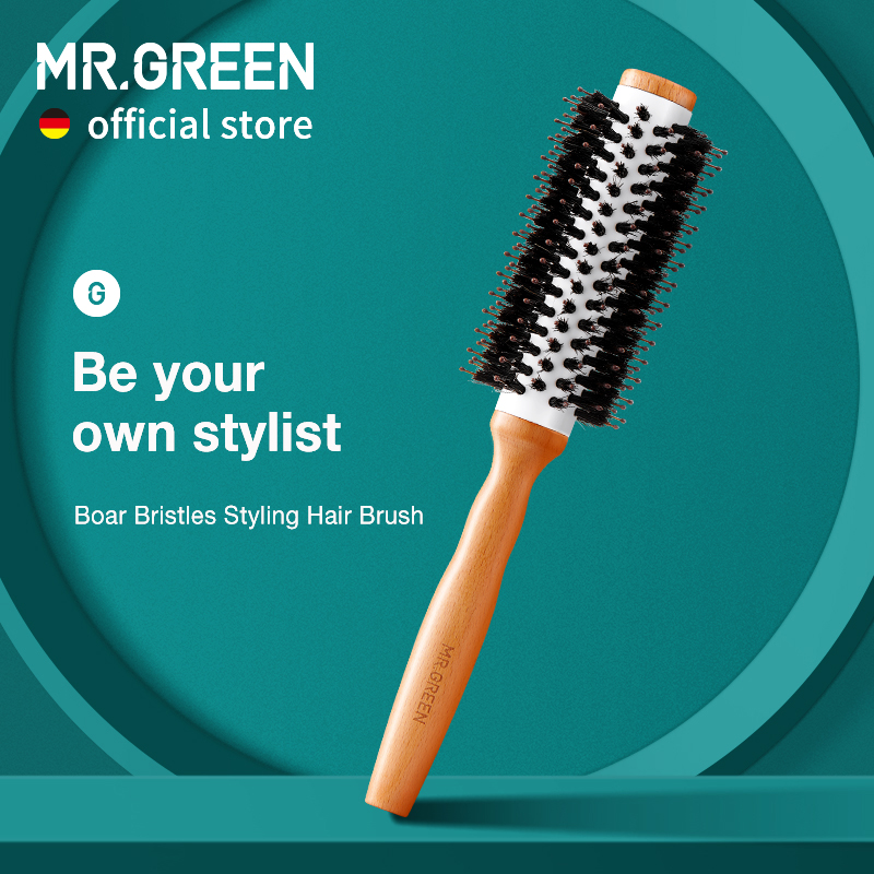 MR.สีเขียวหมูป่าแปรงผมรอบจัดแต่งทรงผม Curling ROLL Hairbrush ไม้ธรรมชาติ Detangling หวีสําหรับ Long CURLY หรือประเภทใดๆ