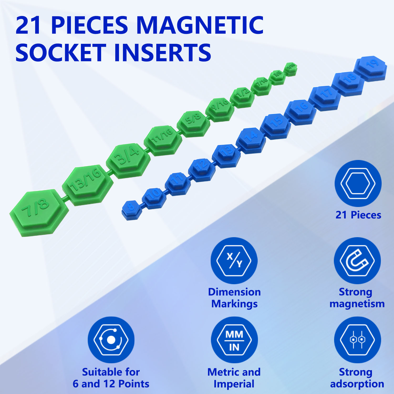 21pcs Magnetic Socket Insertion Tool Kit SAE and Metric, 5/16-7/8 Inch, 8mm-19mm, Different Colors Hexagon Profile Tool Set