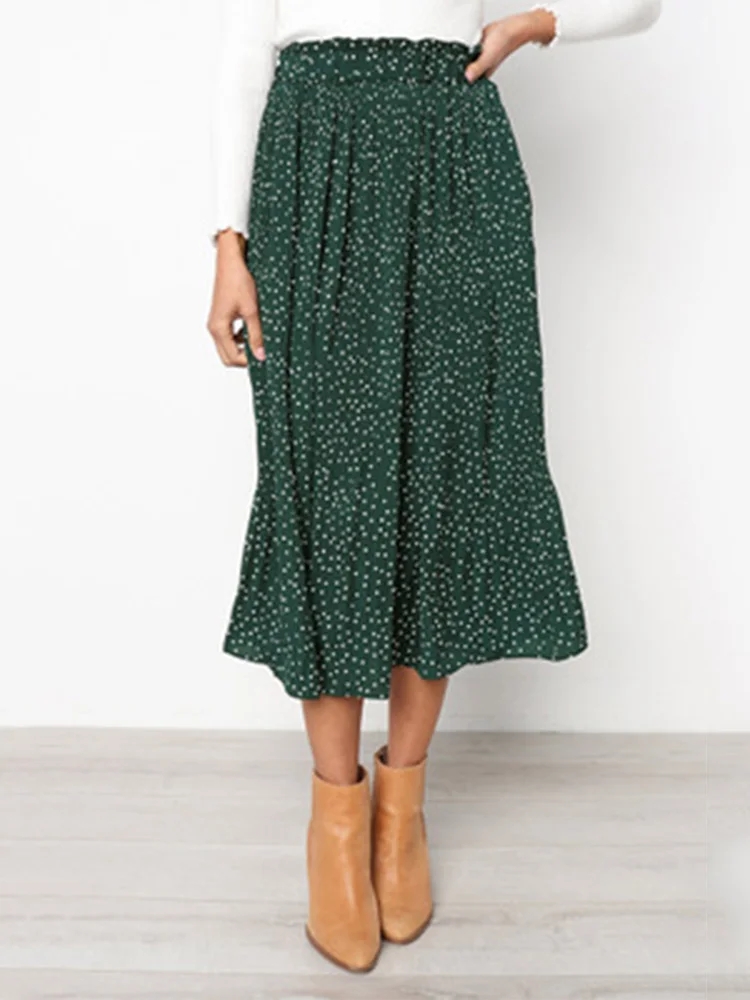 Jupe Midi Plissée à Pois Blancs et Imprimé Floral pour Femme, Taille Haute artificiel astique, Poches Latérales, Élégante, Astronomique, Été 2024