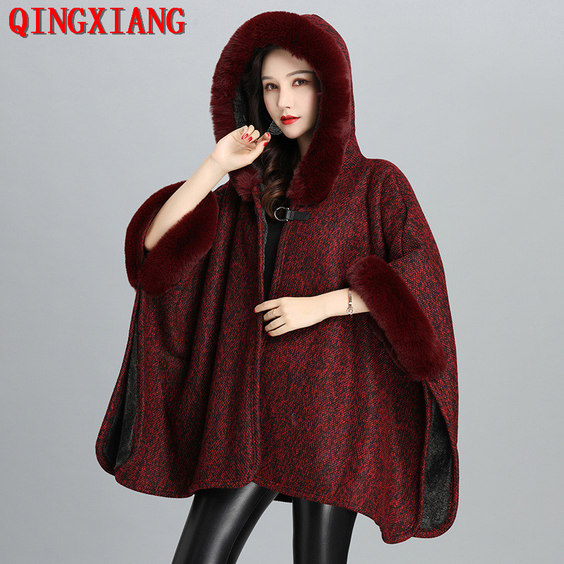 7 Colors Women Horn Buckle Loose Poncho Winter Big Pendulum Velvet Warm Capes Faux Fur Neck Batwing Sleeves Long Coat With Hat