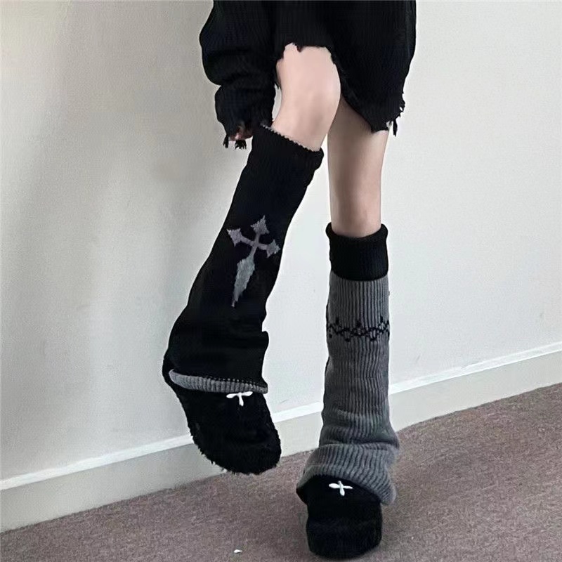 1 paire de chaussettes punk mignonnes y2k réversibles pour femmes, couvre-jambes jk en tricot large drôle et chaud pour l'automne et l'hiver