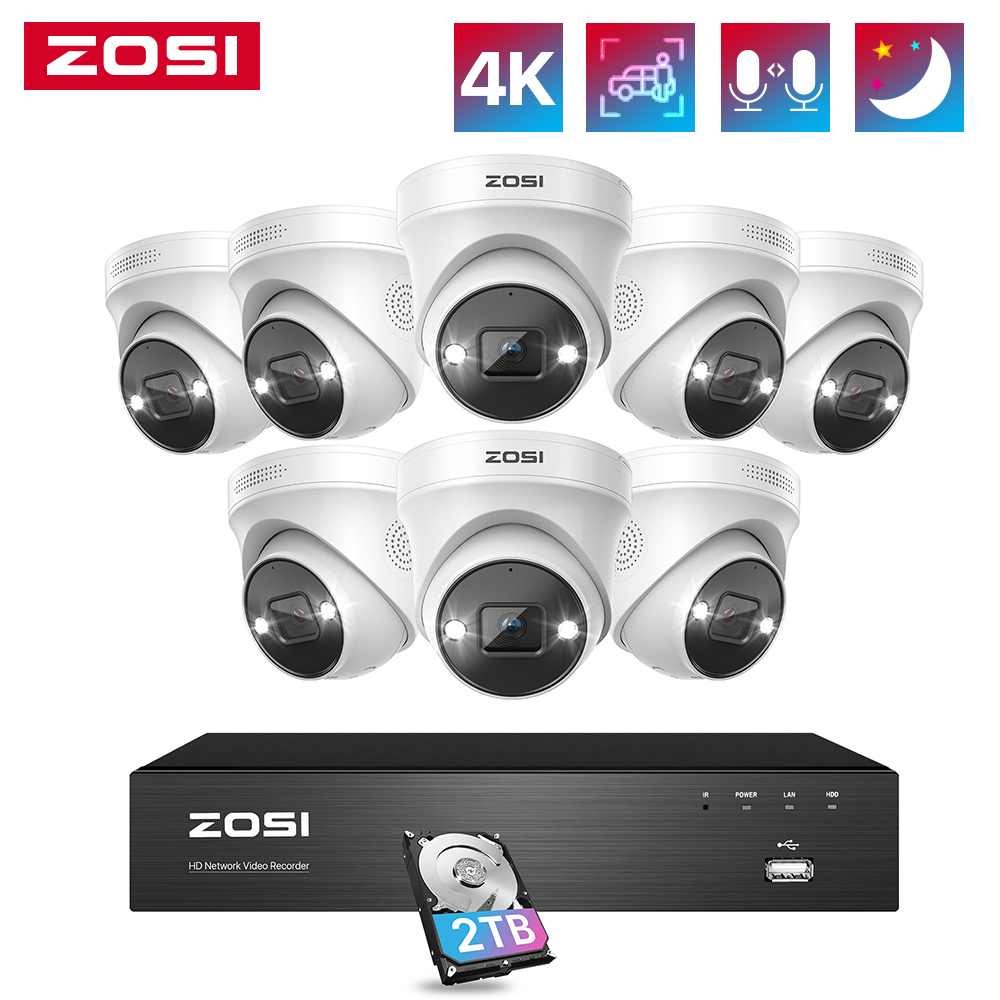 ZOSI 4K PoE Sistema di telecamere di videosorveglianza 8 porte 16CH 8MP CCTV NVR Rilevamento di persone/veicoli 8MP/5MP Uscita/Camera IP di sicurezza interna