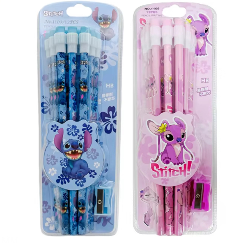 12 Uds Stitch Lilo & Stitch lindos lápices HB de dibujos animados, 12 lápices y 1 caja de papelería con rodillo de lápiz, escritura y dibujo