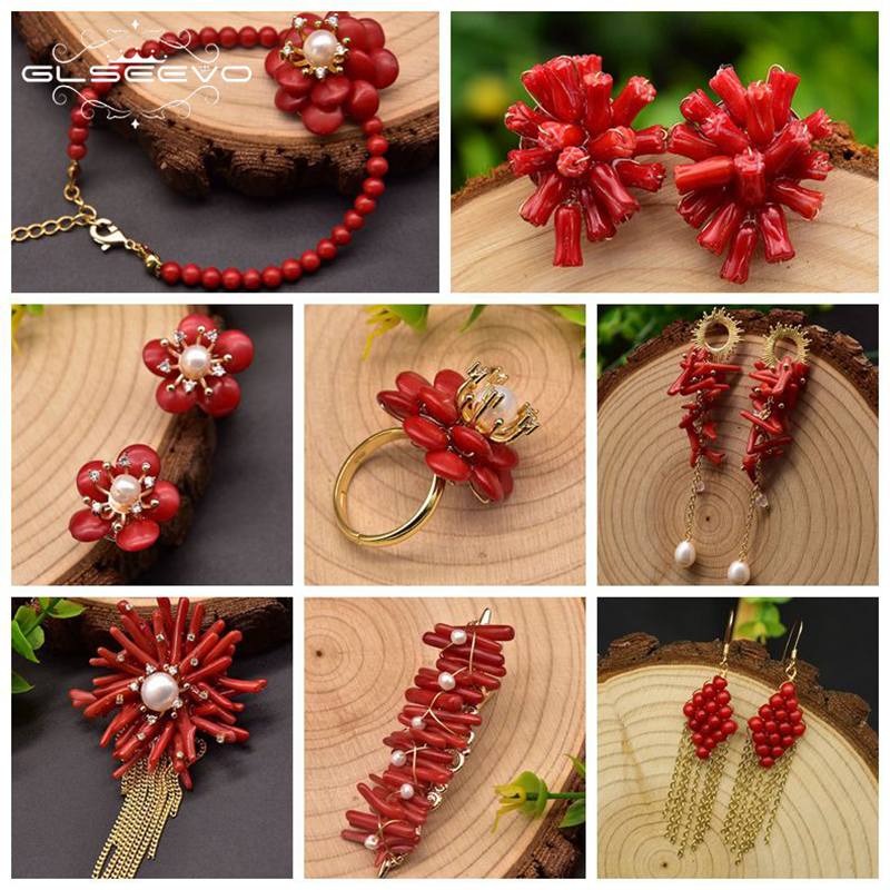 GLSEEVO Red Coral Natural Pearls Fashion Accessories Set Fine Woman Ring Earrings Necklace Luxury Customized Jewelry Wedding