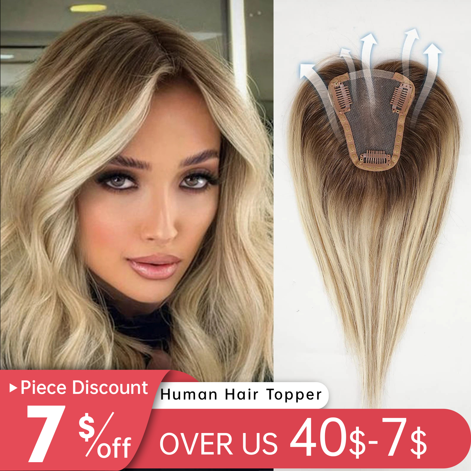 Toppers de cabelo humano feminino parte média ombre luz marrom loira peruca humana peças de cabelo com base de cabelo de desbaste clipe em toppers