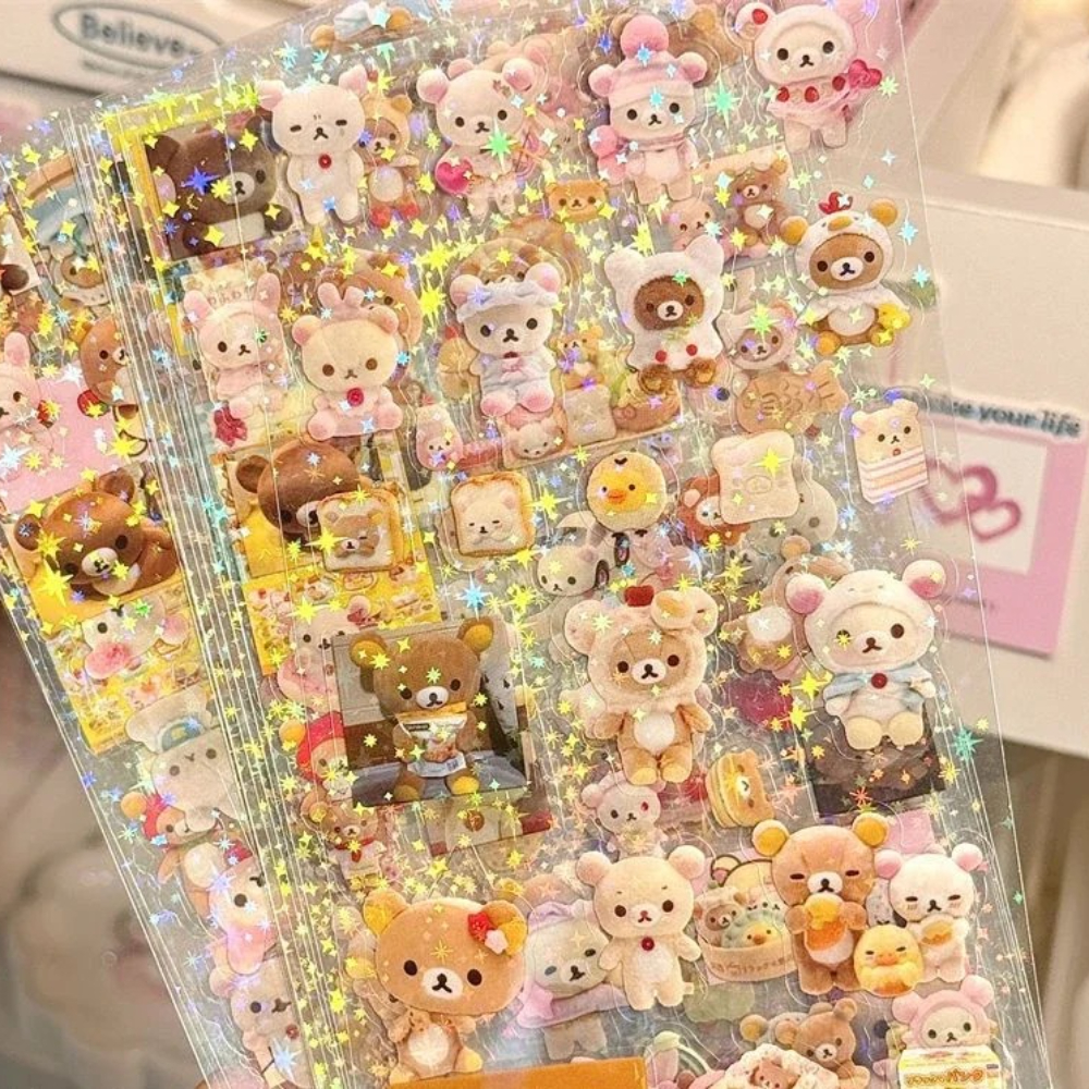 5PCS Cartoon Cute Hello Kitty Rilakkuma Stickers Die-cutting Sticker Anime Handbooks Material Flashing Laser Sticker Kid Toy