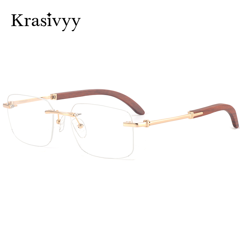 Krasivyy Rimless Wooden Glasses Frame Men Titanium Square Ultralight Eyeglasses Frame Brand Quality Optical Prescription Eyewear