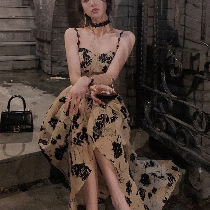 Sexy Strap Floral Midi Dress Women oversize allentato senza maniche Vintage elegante Dress Fashion Evening Party Night Vestidos
