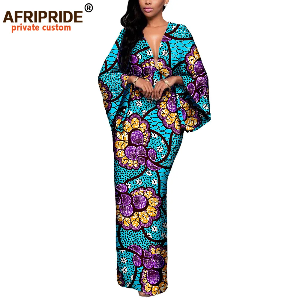 Afrikanische Kleider für Frauen Maxi Kleid AFRIPRIDE Flare Hülse V-ausschnitt Schrift und Zurück Ankle-länge Afrikanische Baumwolle Kleid A7225107