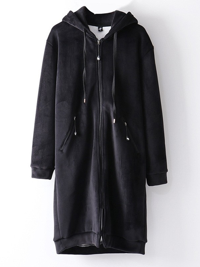 Nueva chaqueta de terciopelo de largo medio con cremallera para mujer, cárdigan holgado y versátil con capucha, abrigo grueso negro para estudiantes para primavera y otoño