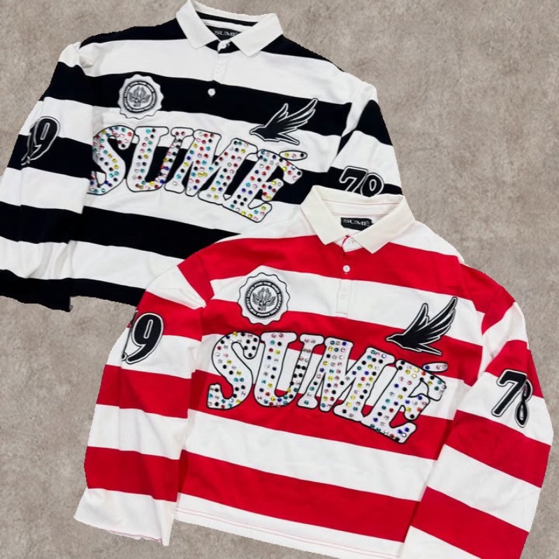 Kemeja Polo Lengan Panjang Retro Y2K dengan Pola Bordir Garis Sume, Tren Olahraga Hip Hop Kasual Streetwear Unisex, Pakaian Model Kotak