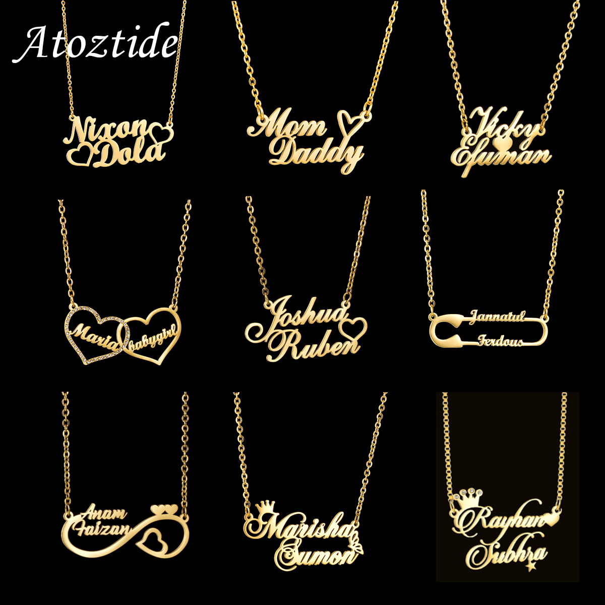 Atoztide CUSTOM CUSTOM 2 ชื่อสร้อยคอจี้ผู้หญิงสแตนเลสสตีลหินหัวใจแฟชั่นเครื่องประดับคริสต์มาสของขวัญ