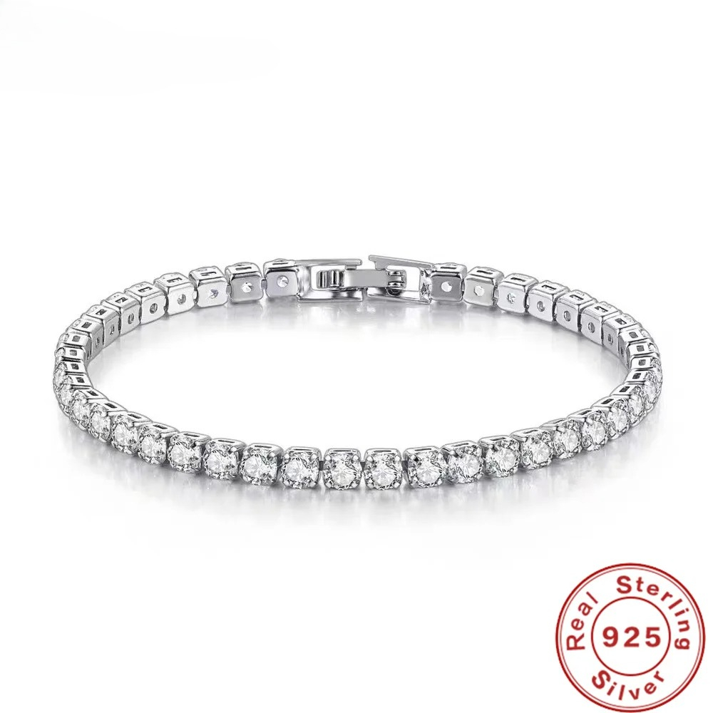Pulsera de plata de ley S925 con circonita para mujer, pelota de tenis, joyería sencilla de compromiso para boda, 4mm, 16-20cm