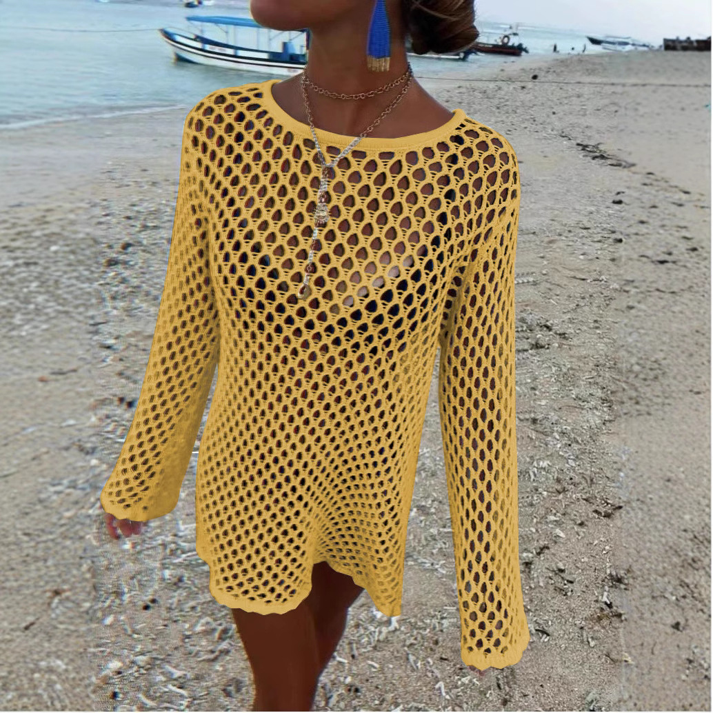 DSMTRC femme pure ample plage vacances Mini robes Sexy évider tricot couvrir robe femmes été épissure tricots couvrir