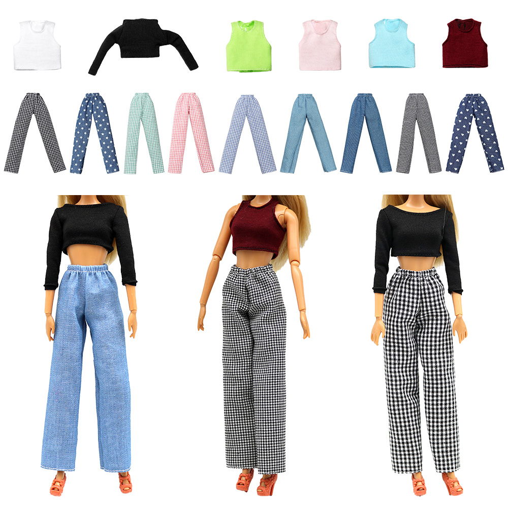 30CM Doll Clothes Fashion Sleeveless Tops Vest High Waisted Jeans Denim Trousers Plaid Pants For 1/6 BJD Dolls Accessories Gifts