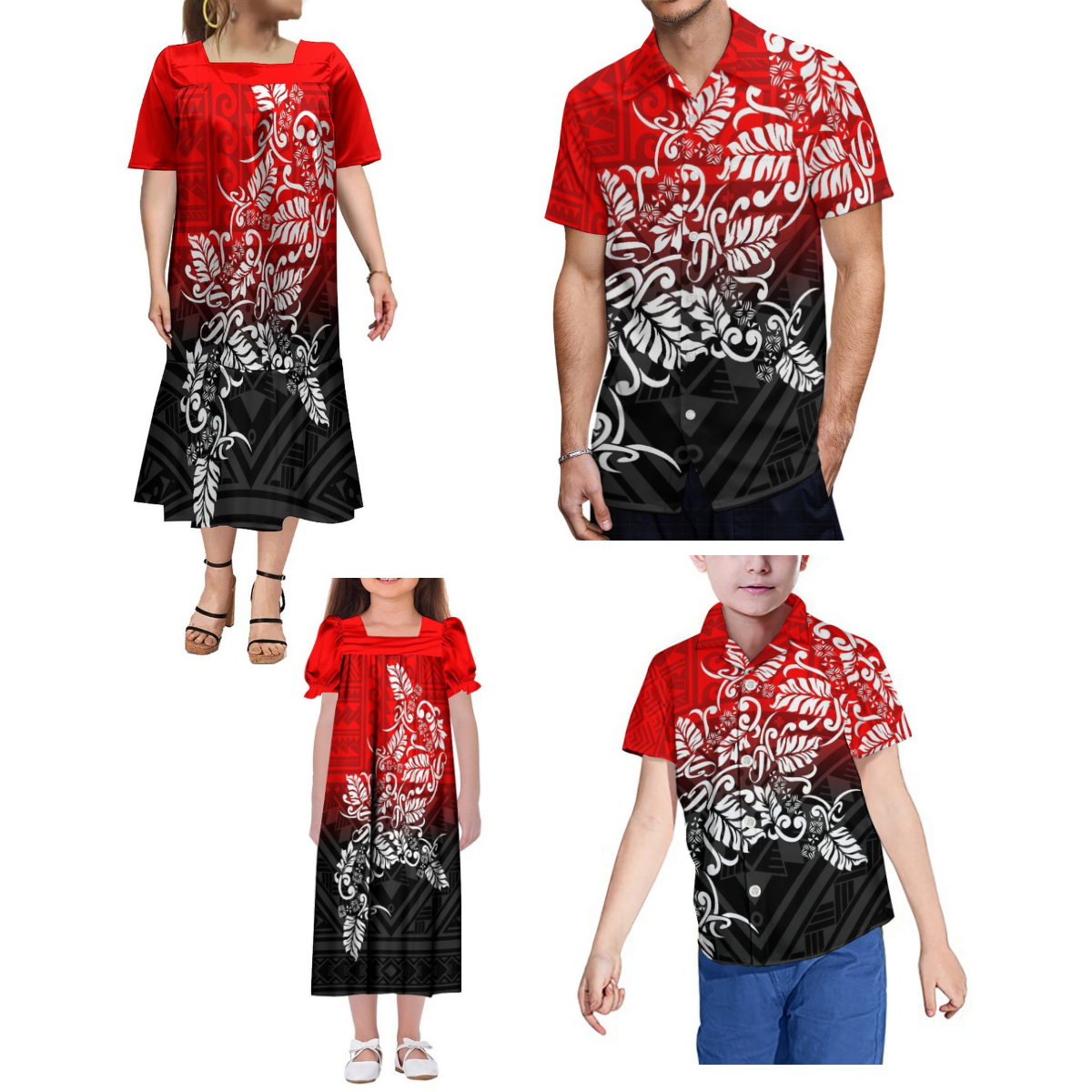 ชุดเดรสสำหรับผู้หญิงและเสื้อผู้ชายสำหรับครอบครัวดีไซน์ชนเผ่าโพลีเซียนแบบย้อนยุค