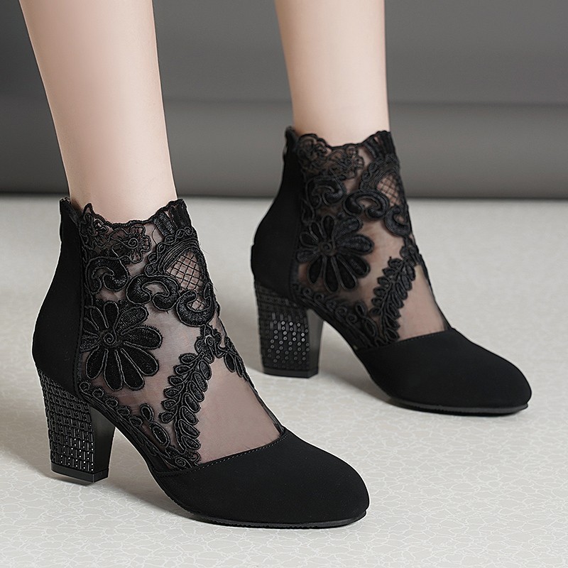 2024 nowy modny damskie buty na wysokim obcasie koronkowy pasek na kostkę z okrągłym noskiem sandały z wycięciami czółenka zapinane zapki Zapatos De Mujer