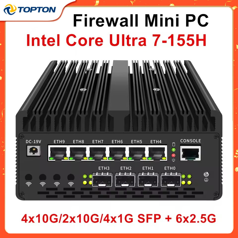 Topton 4x/2x 10G SFP 6*2.5G LAN Solid Firewall Mini PC 14-го поколения Ultra 7 155H Intel vPro Thunderbolt 4 2xNVMe Proxmox Home Serve