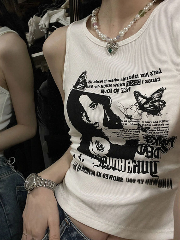 Y2k Grunge Print Sleeveless Sexy Tank Top dla kobiet Ribbed Knit Vest Streetwear Estetyczna odzież damska Crop Top Women 2000s