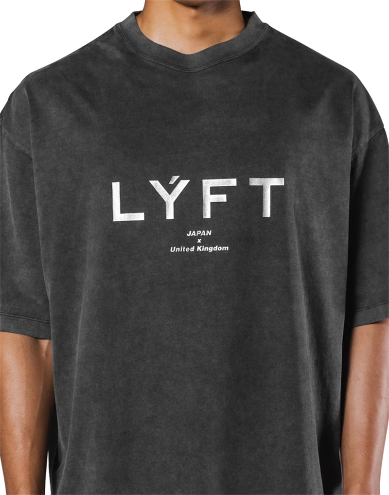 LYFT Washed Classic LOGO 230GSM Baumwolle Vintage BIG T-SHIRT Herren Übergroße Muskelsport Fitness T-Shirts Gym Training Shirts