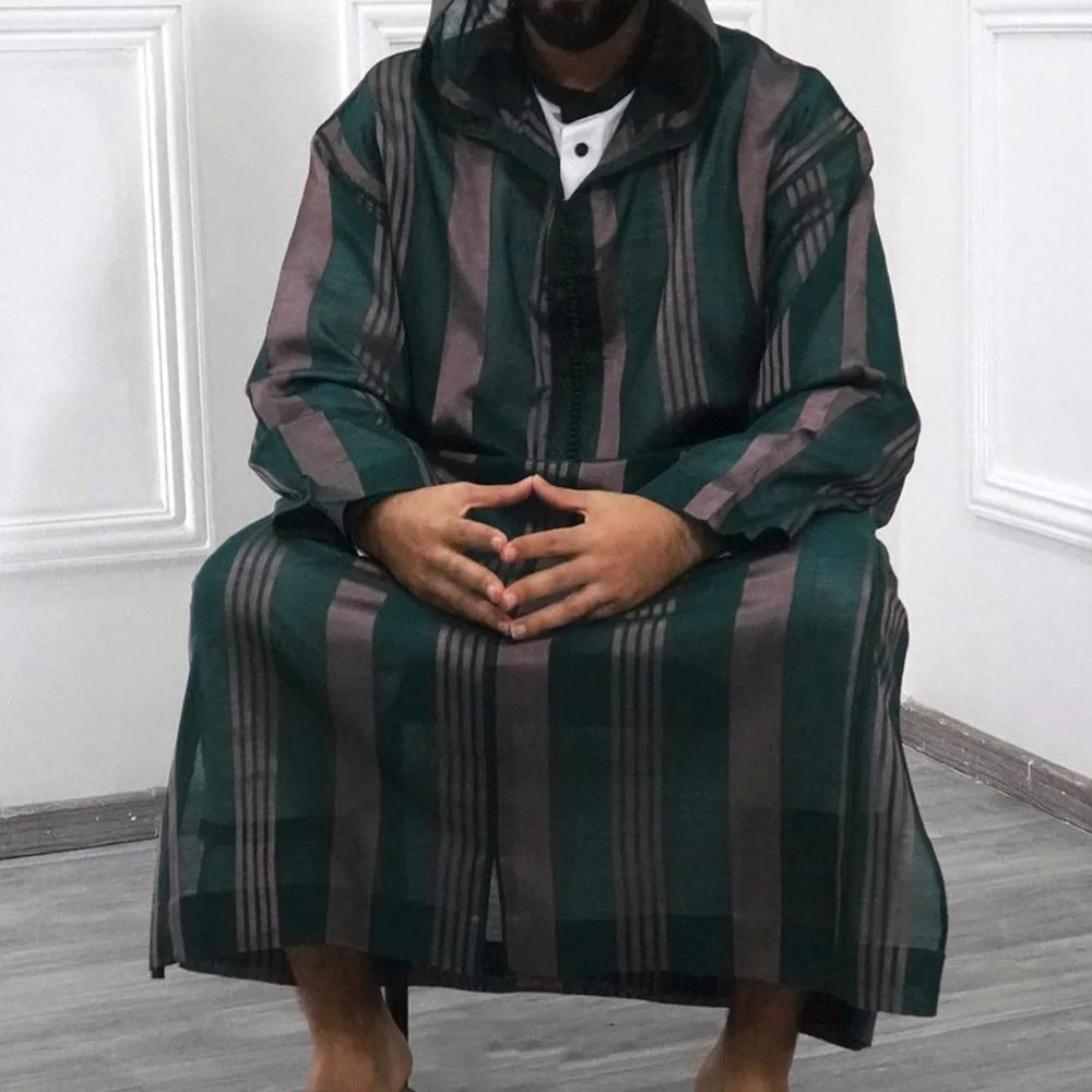 Ropa musulmana con capucha para hombres, bata informal suelta con estampado a rayas, manga larga con cremallera, Abaya, Ramadán, Oriente Medio, árabe, Dubai