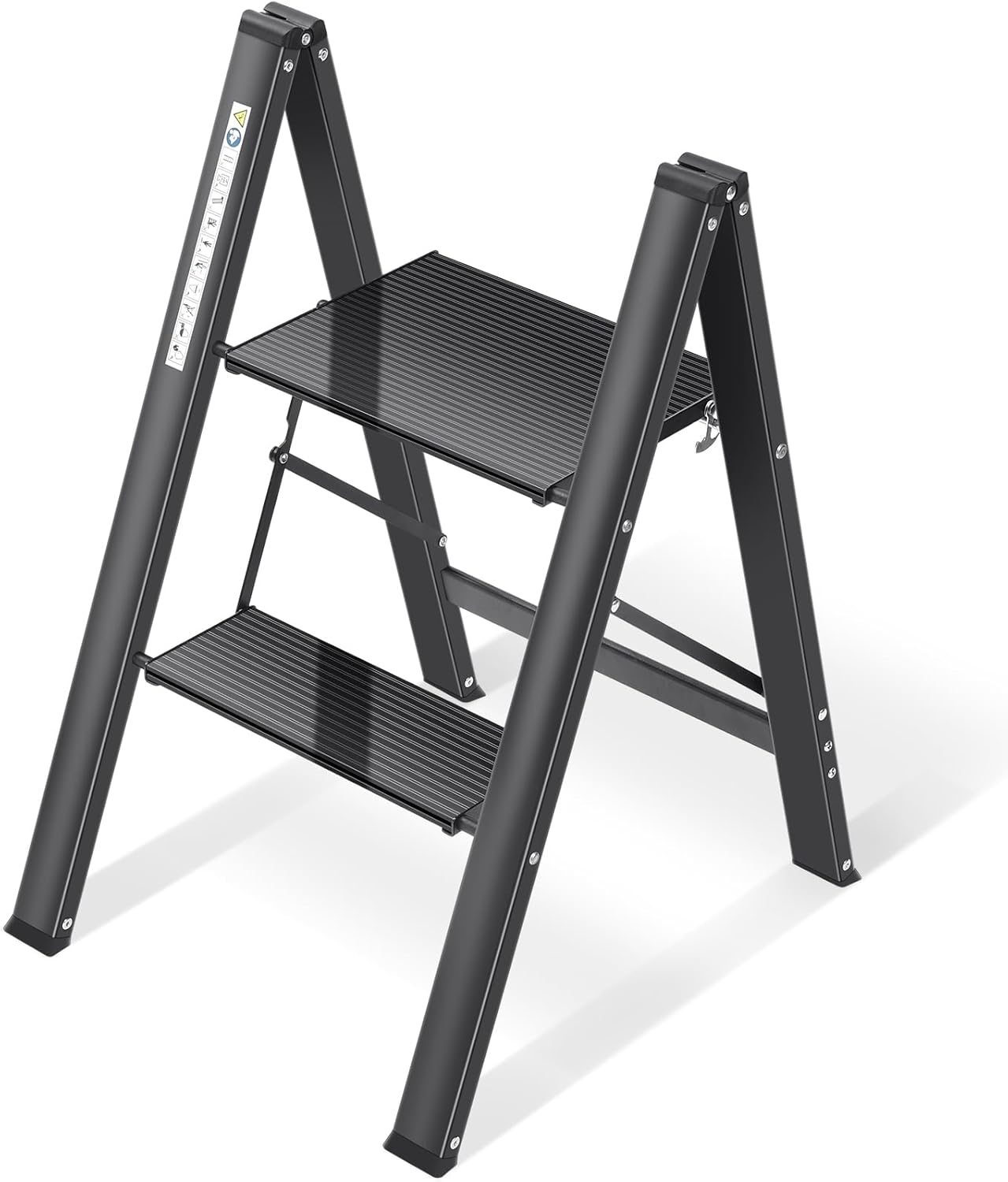 Escabeau 2 Marches Pliable, Marche Pied Aluminium Pliant, Échelle Antidérapant avec Verrous de Sécurité, Petit et Compact, Tabouret pour Maison et Bureau, Charge Maximale 150 kg, Noir