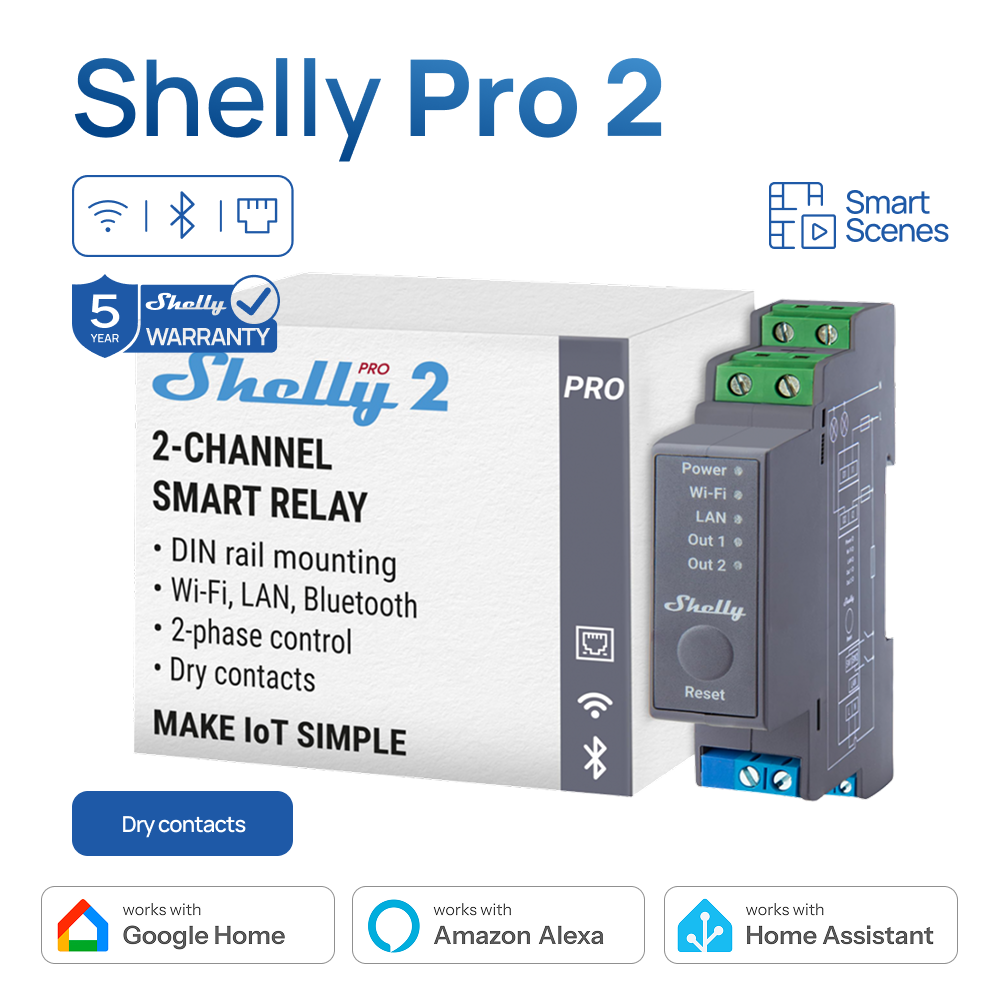 Shelly Pro 2 WiFi 2 canaux Module de relais intelligent Contacts secs Appareil d'éclairage professionnel Automatisation Intégration transparente 25A