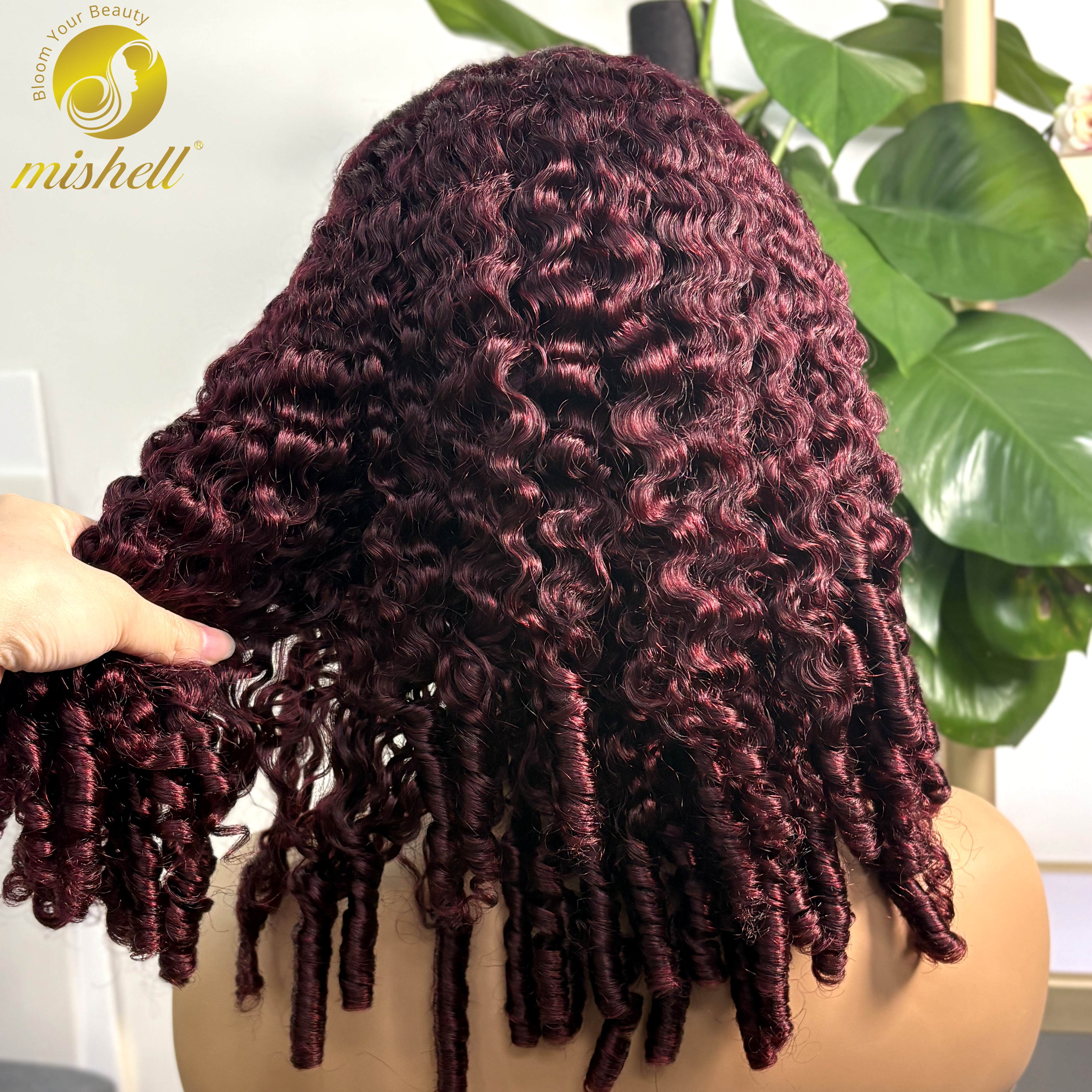 350% 5x5 Sin Pegamento Borgoña 99J #   Pelucas de Cabello Humano Rizado en Espiral Birmano, Pelucas Rizadas con Doble Trama para Mujer, Pre-Desplumadas, Remy