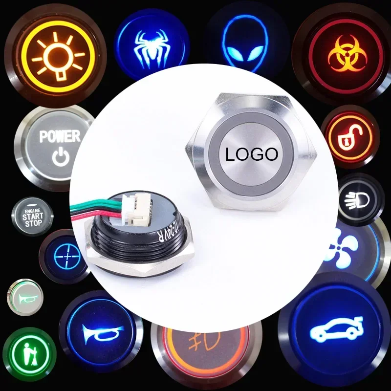 Características Padrão Personalizado, DIY, Impermeável, LED, Momentâneo, Auto-Reset, 5V, 12V, Símbolo, Ícone, Sinal, 16mm, 19mm, Interruptor de Botão com Fio, 22 milímetros, 25 milímetros, 30 milímetros