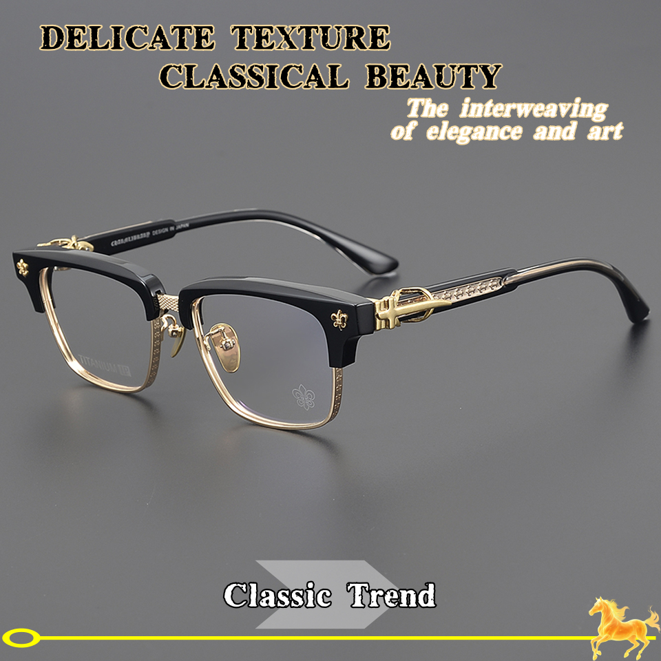 World Fashion High end Brand Titanium Alloy Men's Eyeglass Casual Half Frame Retro Carving Design Acetate Women's Luxury Glasses