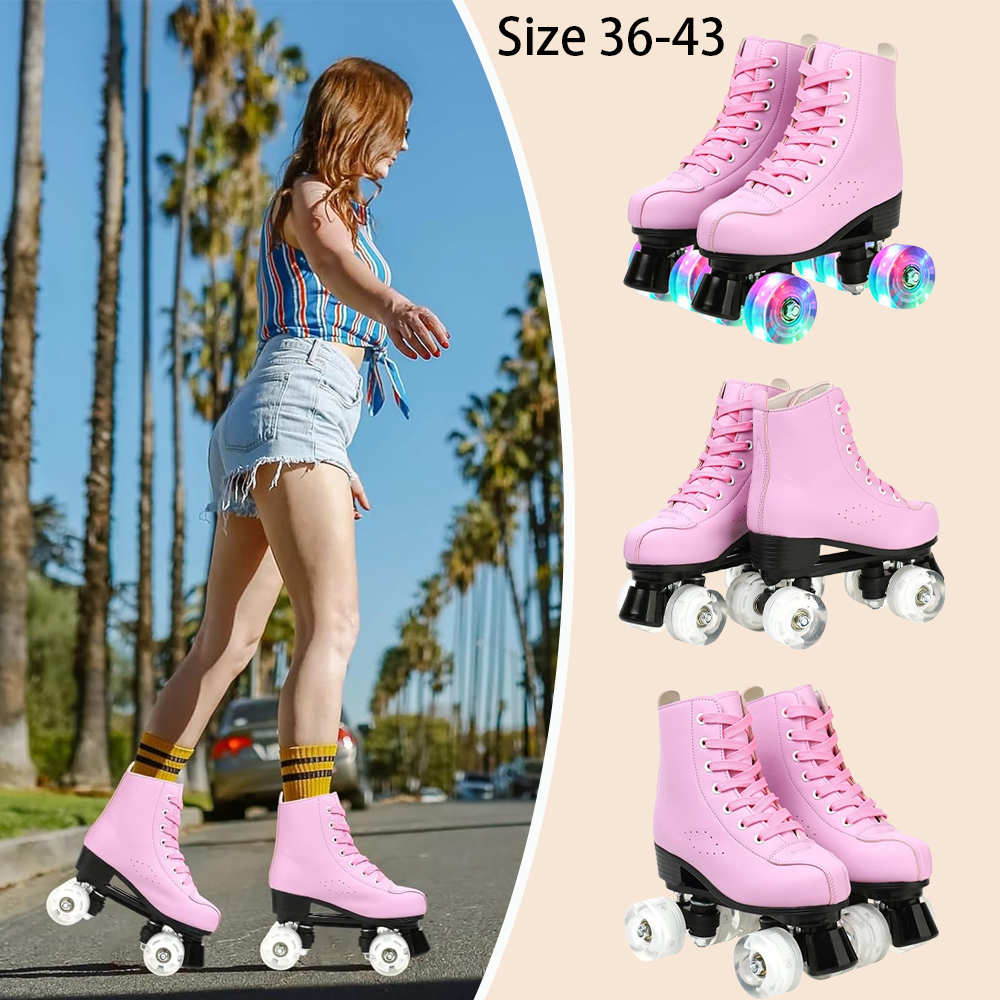 Pink Roller Skate Shoes PU Leather Roller Skates Skating Shoes Sliding Inline Quad Skates Sneakers 4 Wheels Flash Wheel Sneakers