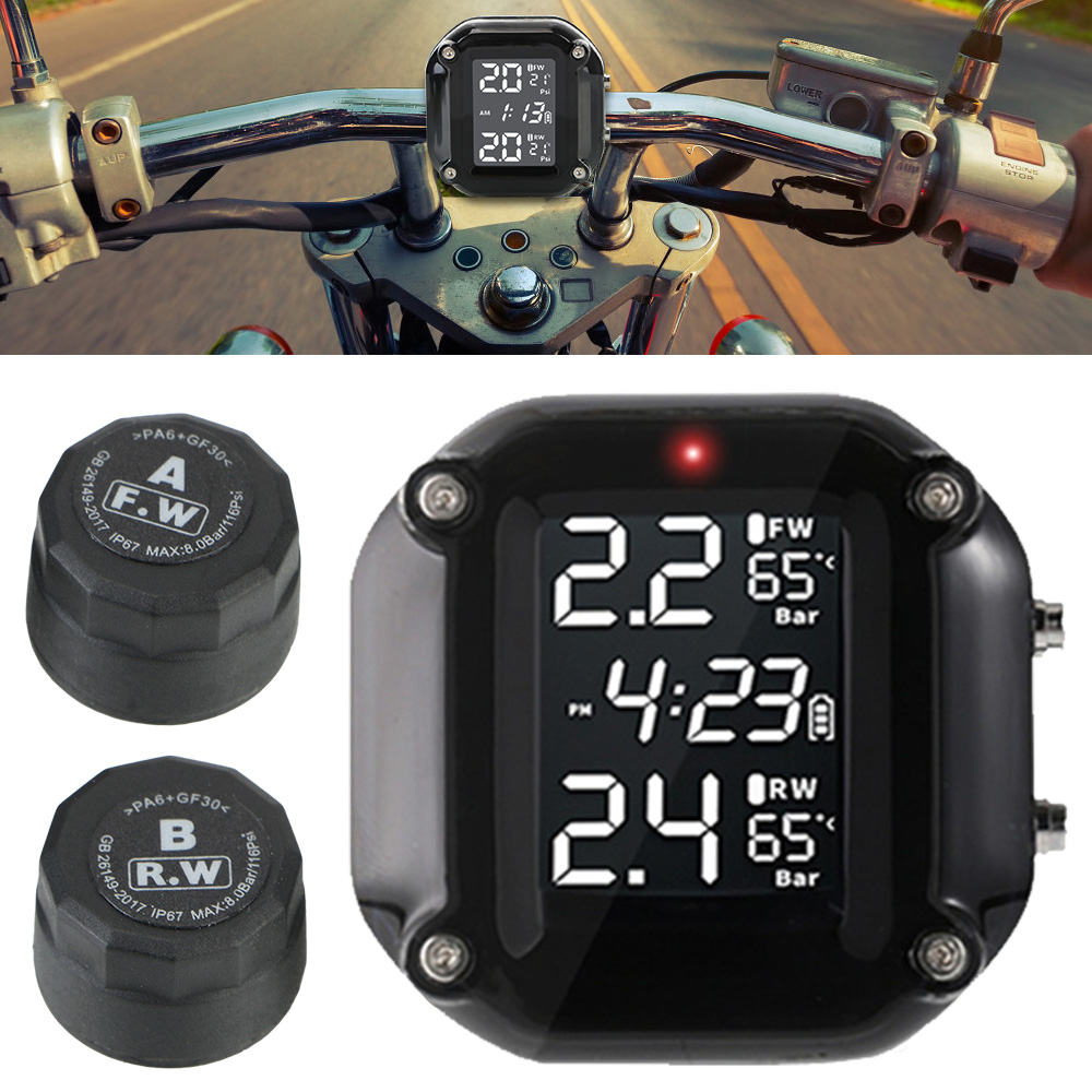 Bezprzewodowy motocyklowy system monitorowania ciśnienia w oponach TPMS Cyfrowy wyświetlacz LCD z 2 czujnikami zewnętrznymi Czujnik alarmowy temperatury opon