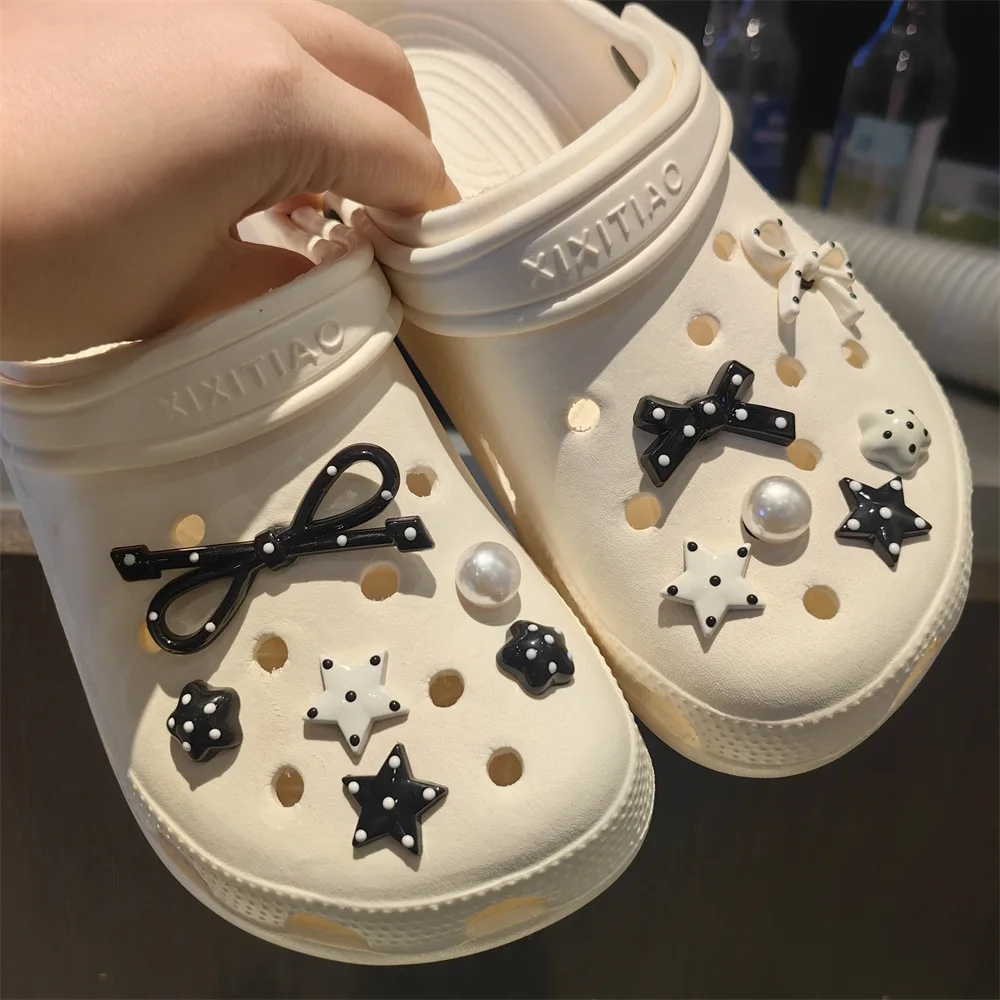 Nieuwe 1Set Zwart Wit Dot Schoen Charmes Set DIY Boog Ster Parel Schoen Decoraties Zilver Geavanceerde Afneembare Gesp Schoenen accessoires