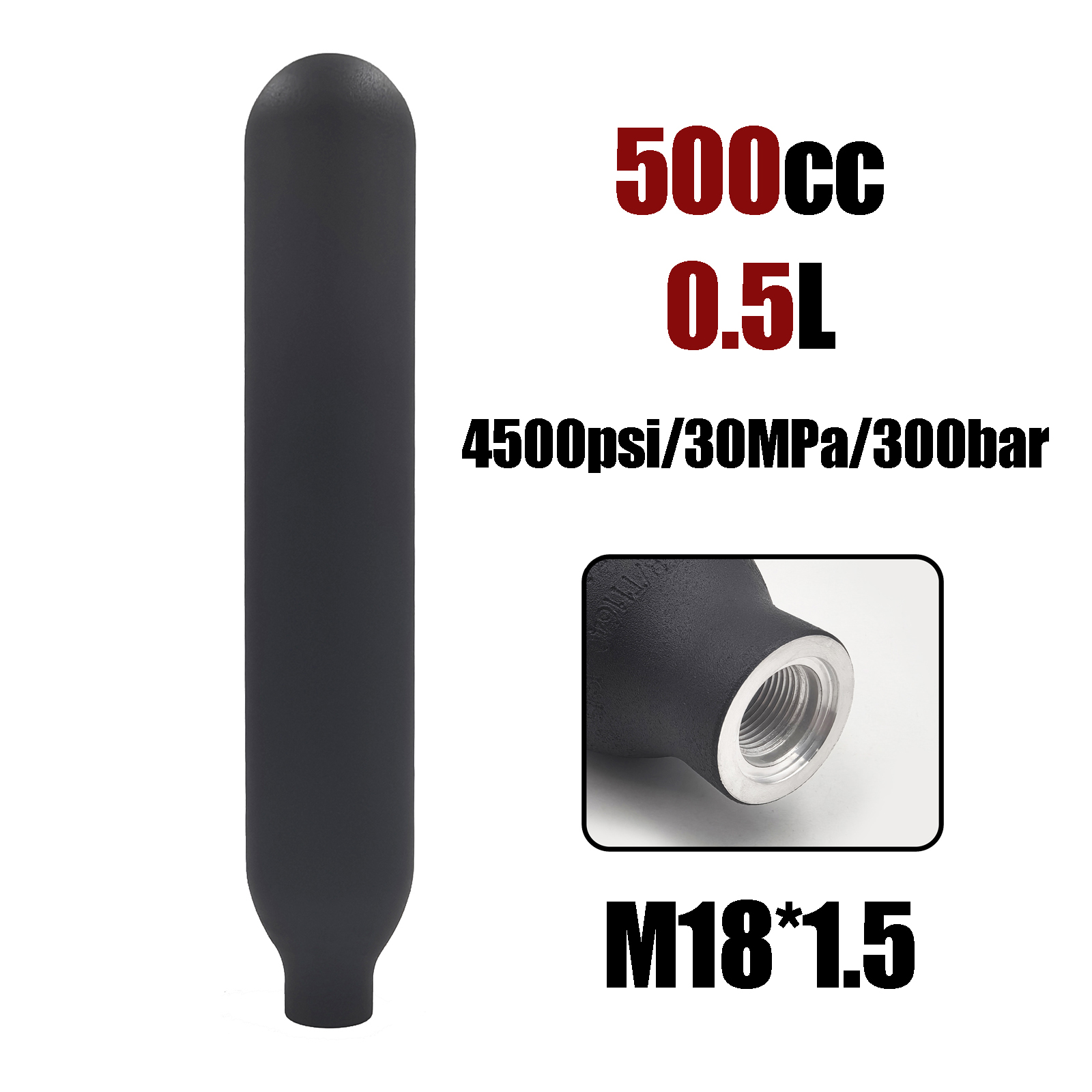 Butla sprężonego powietrza, wysokociśnieniowa, z okrągłym dnem, butla gazowa CO2, cylinder 0,5L/500cc, 4500psi, 30MPa, 300bar, gwint M18*1.5, do nurkowania