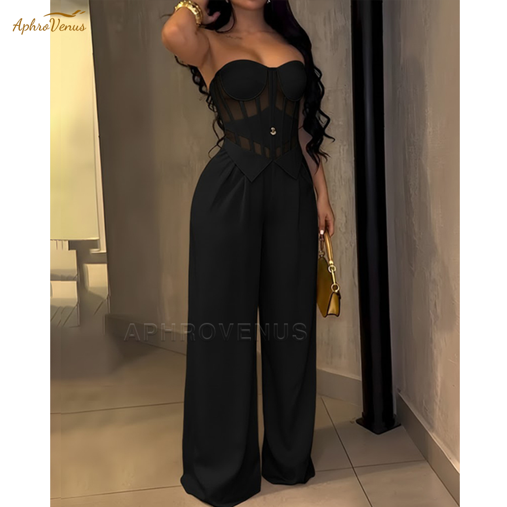 Sexy strapless jumpsuit voor dames, effen kleur, afslankend, hoge taille, wijde pijpen, lange broek, elegante feestromper, stijlvolle clubkleding